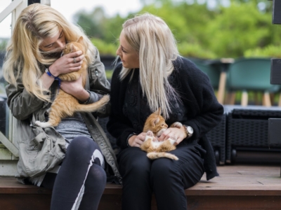 Ung og kontaktperson med kattekillinger.
